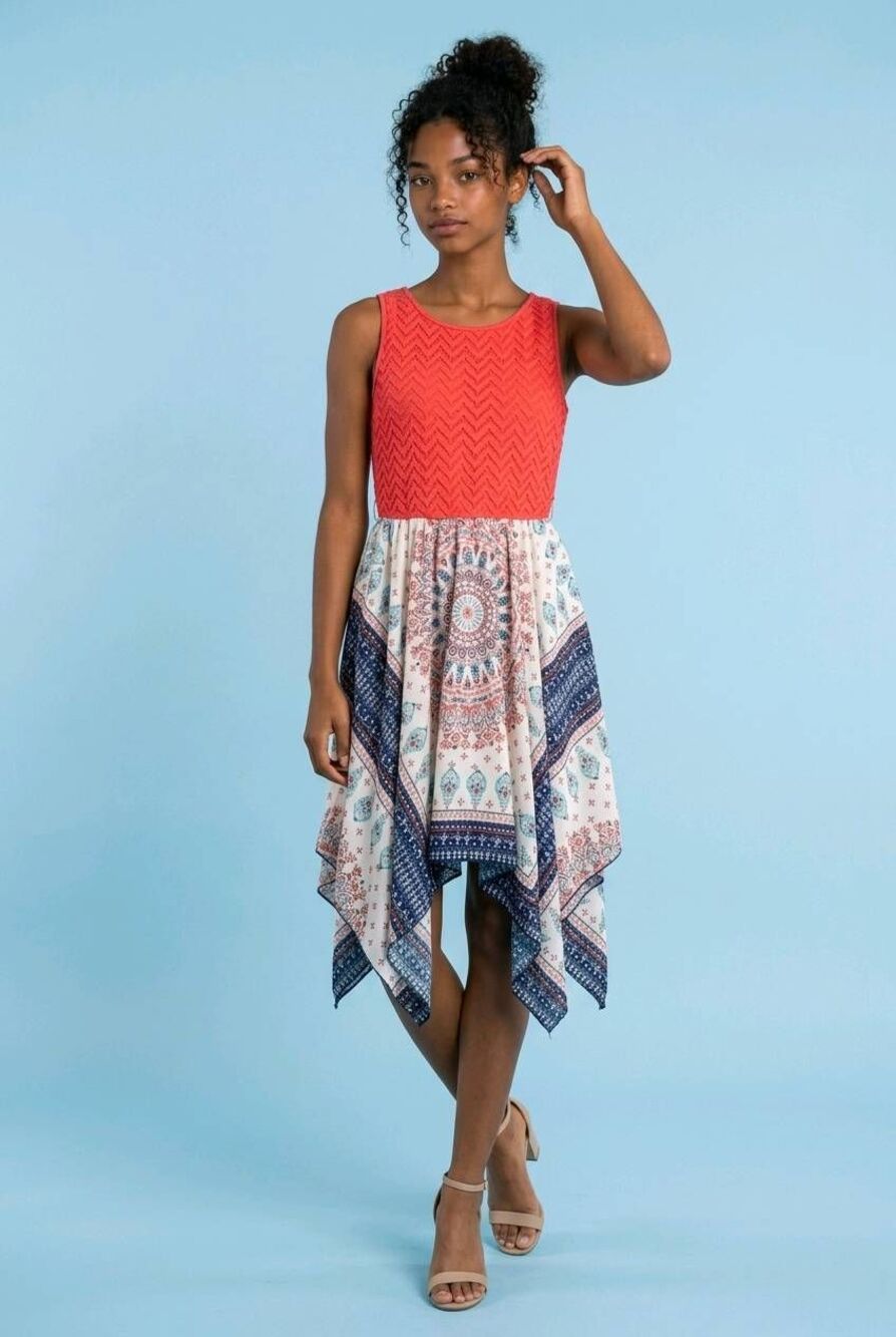 🩵Lilt Coral Lace Asymmetric Handkerchief Hem Sleeveless Dress Juniors 16